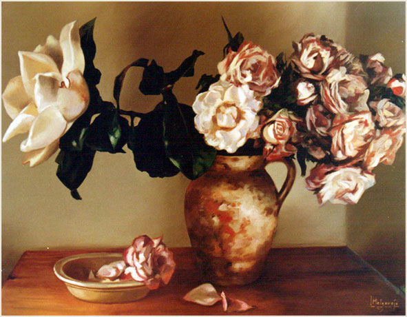 Magnolia y rosas I. Óleo sobre lienzo